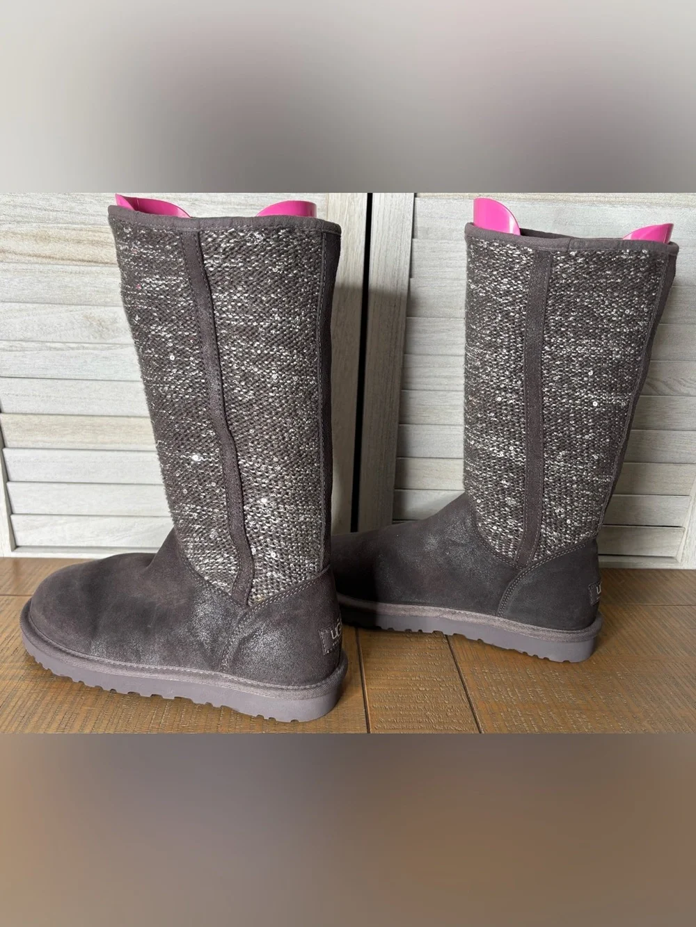 UGG Australia Camaya Tall Suede Sequin Knit Sweater Boots Gray Size 8